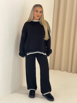 WILLOW Knitted Contrast Jumper And Trouser Set In Black