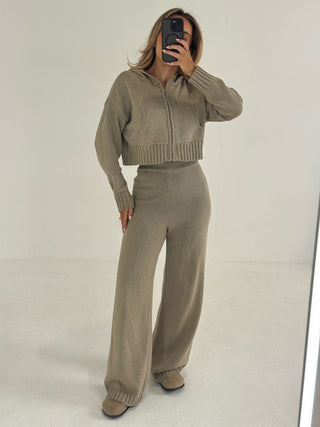 Caramella MAEVE Knit Zip Up Hoodie & Wide Leg Trouser Tracksuit Lounge Set In Olive