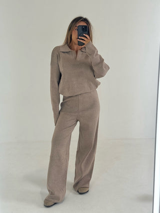 FAWN Knitted Long Sleeved V Collar Jumper & Flared Trouser Lounge Set In Fudge