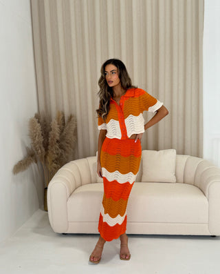 COCO Crochet Knit Skirt and Cardigan Set In Sunset Orange