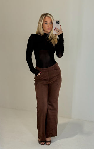 FRANKIE Faux Suede High Waisted Flared Trousers In Chocolate