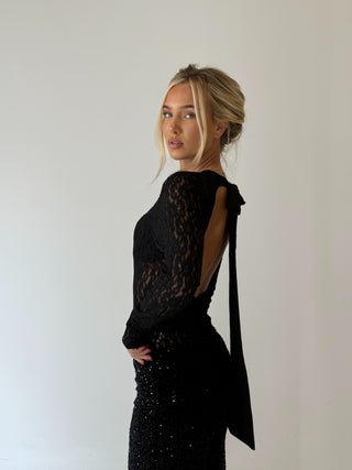 IVY Long Sleeved Lace Backless Bow Detail Bodysuit In Black