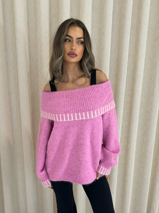 LILY Knitted Contrast Stitch Off-Shoulder Jumper in Pink