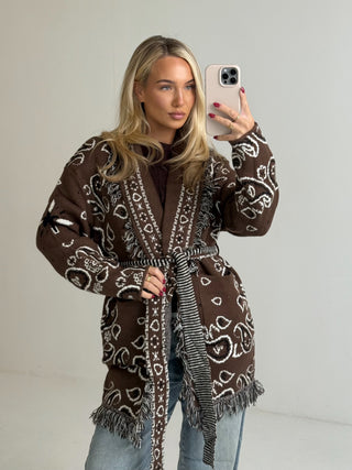 ARIA Aztec Long Sleeved Frill Trim Belted Cardigan In Chocolate