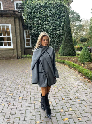 WINNIE Wool Look Contrast Button Up Coat And Scarf Set In Grey And Black
