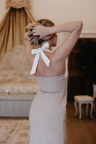 CLEMENTINE Contrast Detail Button Midi Dress in Stone