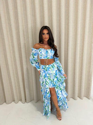 CANNES Ruffle Floral Print Co-ord in Blue