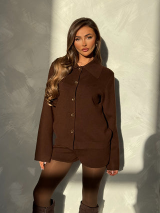 Caramella CAMILLE Knit Button Up Collared Cardigan & Mini Short Co-Ord In Chocolate