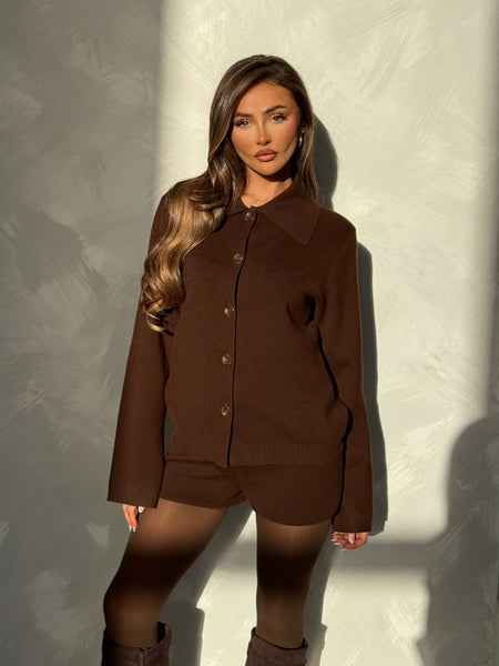 CAMILLE Knit Button Up Collared Cardigan & Mini Short Set In