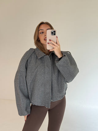 BONNIE Wool Look Long Sleeved Zip Up Bomber Jacket In Grey