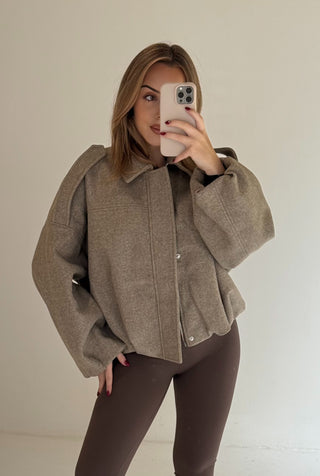 BONNIE Wool Look Long Sleeved Zip Up Bomber Jacket In Walnut