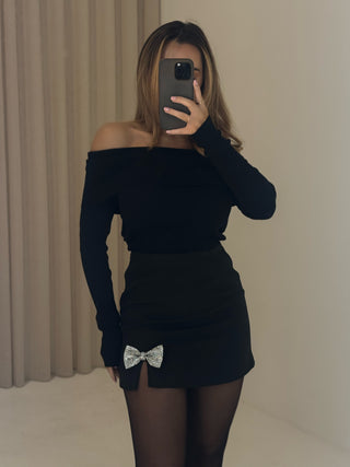 BEAU Diamanté Bow Mini Skirt In Black