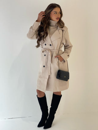 AVELINE Mid Length Trench Coat With Belt In Beige