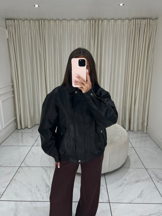 AVA PU Leather Long Sleeved Zip Up Bomber Jacket In Black