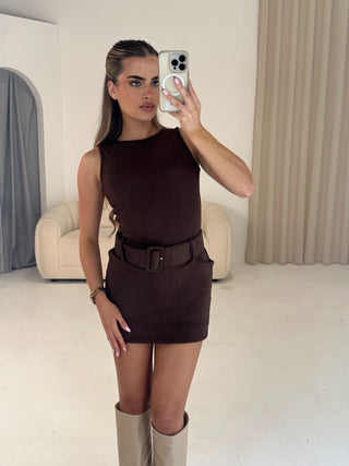 Caramella Knitted Belted Mini Dress in Chocolate