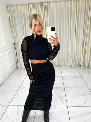 SIENNA Shoulder Pad Mesh Ruched Crop Top and Maxi Skirt CO ORD in Black - CARAMELLA 